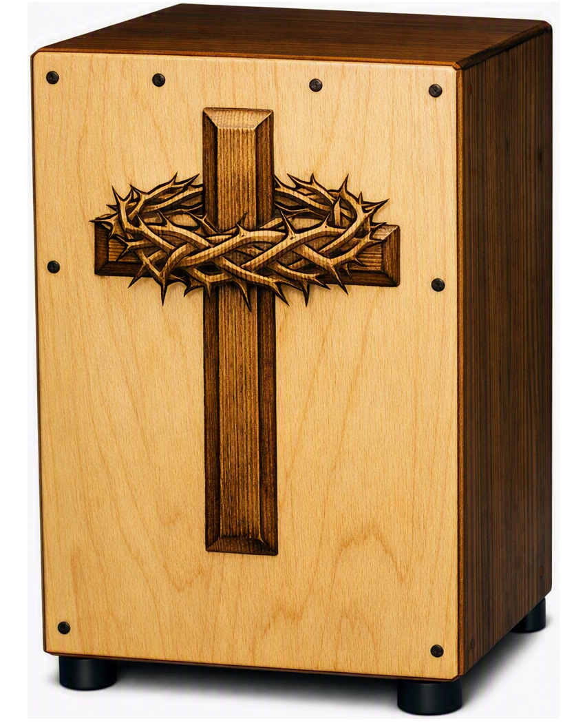 Cajón drum with cross and crown artwork