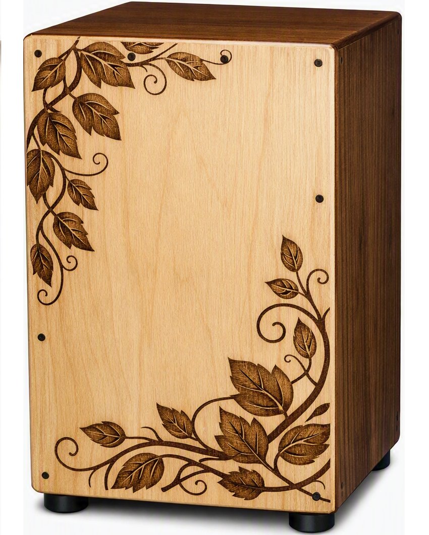 Cajón drum with double leaf and vine artwork
