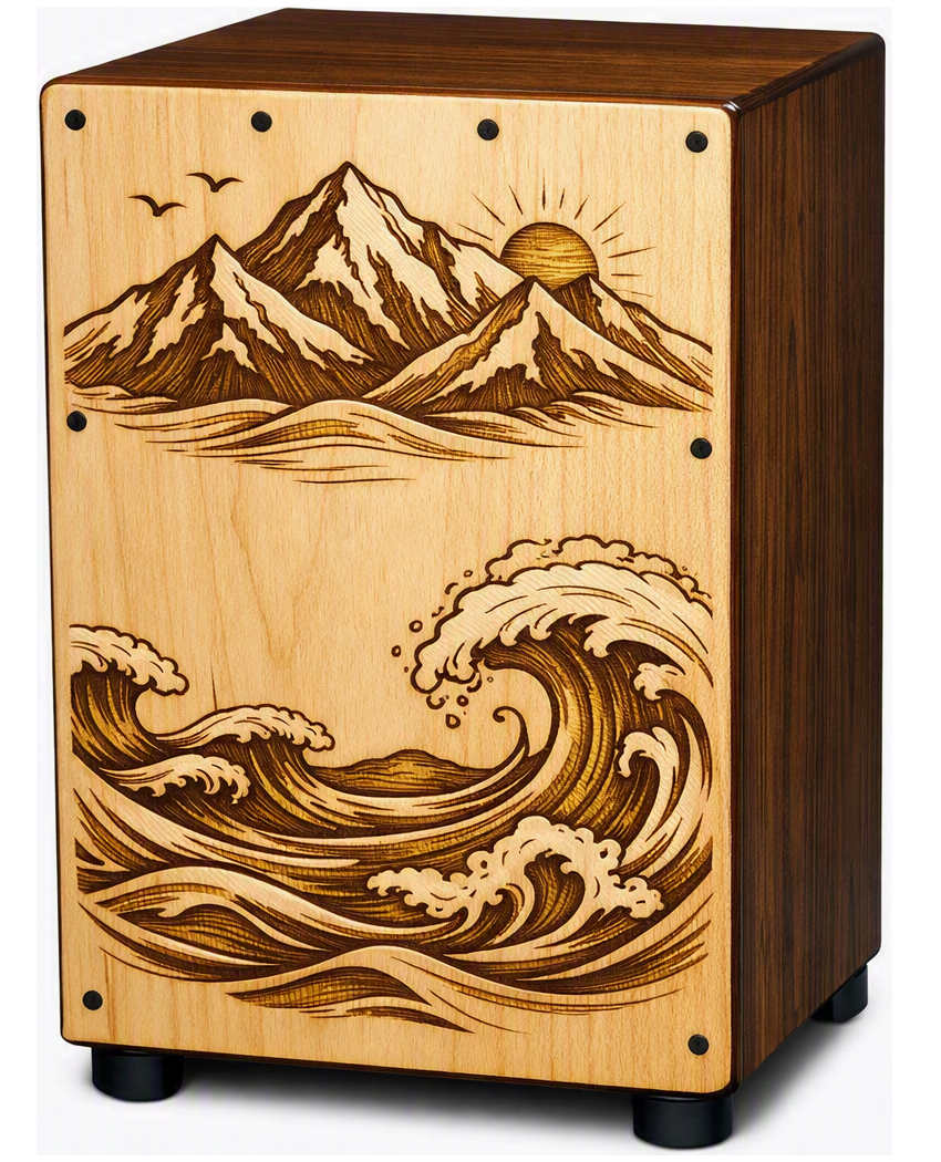 Cajón drum with waves and mountains artwork